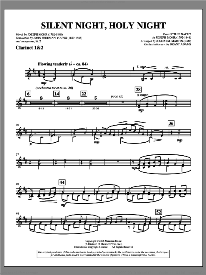 Silent Night, Holy Night (from 'carols For Choir And Congregation') sheet music for orchestra/band (Bb clarinet 1,2) by Joseph M. Martin, intermediate skill level