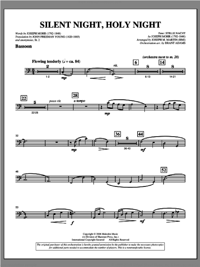 Silent Night, Holy Night (from 'carols For Choir And Congregation') sheet music for orchestra/band (bassoon) by Joseph M. Martin, intermediate skill level