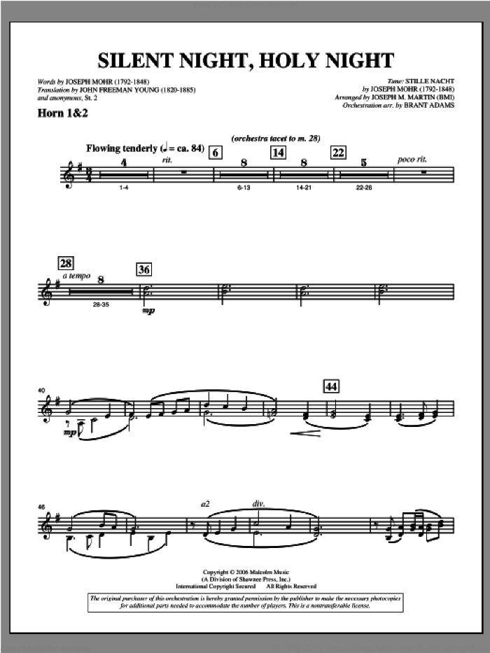 Silent Night, Holy Night (from 'carols For Choir And Congregation') sheet music for orchestra/band (f horn 1,2) by Joseph M. Martin, intermediate skill level