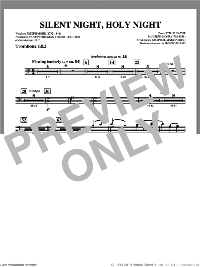 Silent Night, Holy Night (from 'carols For Choir And Congregation') sheet music for orchestra/band (trombone 1 and 2) by Joseph M. Martin, intermediate skill level