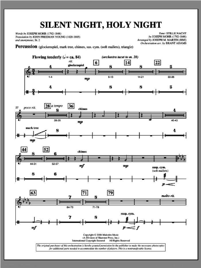 Silent Night, Holy Night (from 'carols For Choir And Congregation') sheet music for orchestra/band (percussion 1 and 2) by Joseph M. Martin, intermediate skill level
