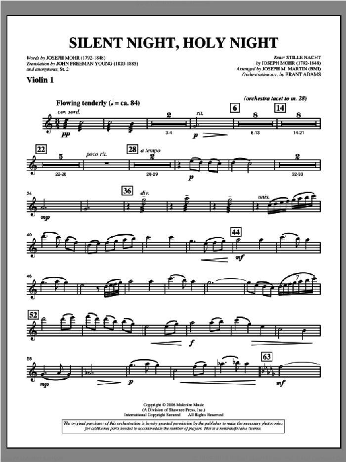 Silent Night, Holy Night (from 'carols For Choir And Congregation') sheet music for orchestra/band (violin 1) by Joseph M. Martin, intermediate skill level