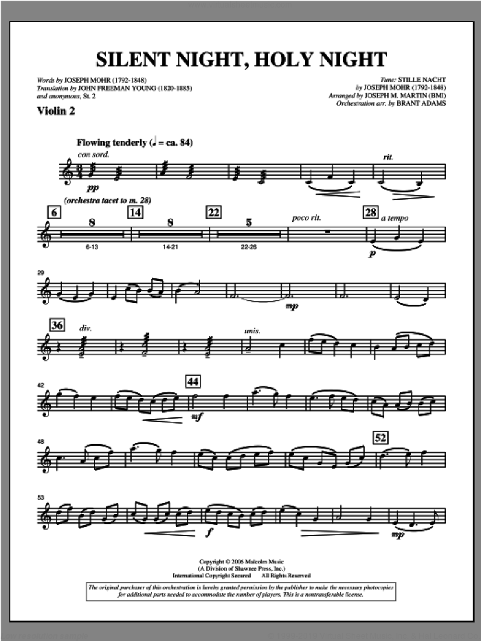 Silent Night, Holy Night (from 'carols For Choir And Congregation') sheet music for orchestra/band (violin 2) by Joseph M. Martin, intermediate skill level