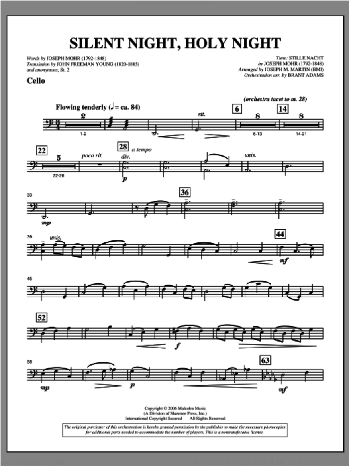 Silent Night, Holy Night (from 'carols For Choir And Congregation') sheet music for orchestra/band (cello) by Joseph M. Martin, intermediate skill level