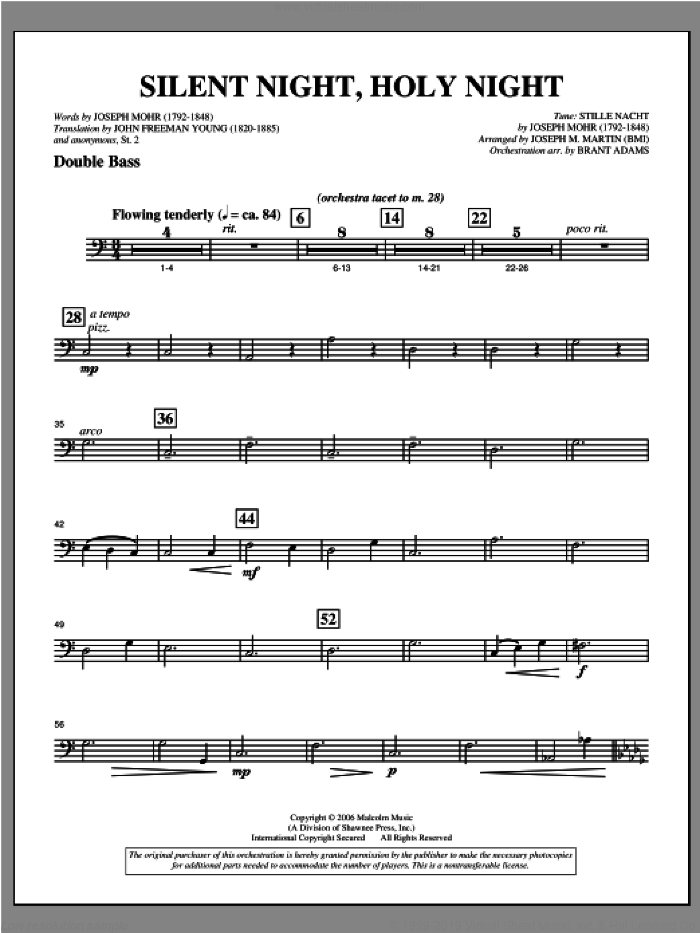 Silent Night, Holy Night (from 'carols For Choir And Congregation') sheet music for orchestra/band (double bass) by Joseph M. Martin, intermediate skill level