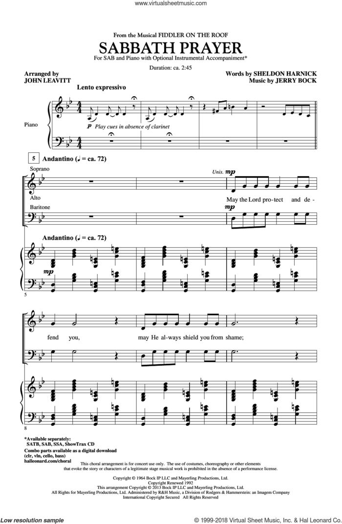 Sabbath Prayer (from Fiddler On The Roof) sheet music for choir (SAB: soprano, alto, bass) by John Leavitt and Fiddler On The Roof (Musical), intermediate skill level