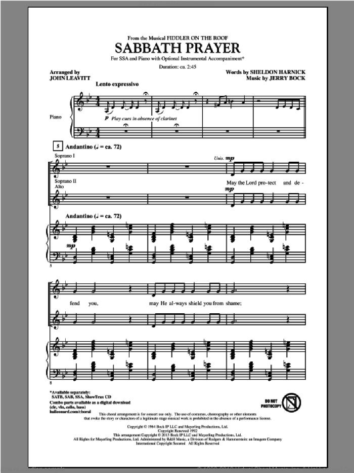 Sabbath Prayer (from Fiddler On The Roof) sheet music for choir (SSA: soprano, alto) by John Leavitt and Fiddler On The Roof (Musical), intermediate skill level