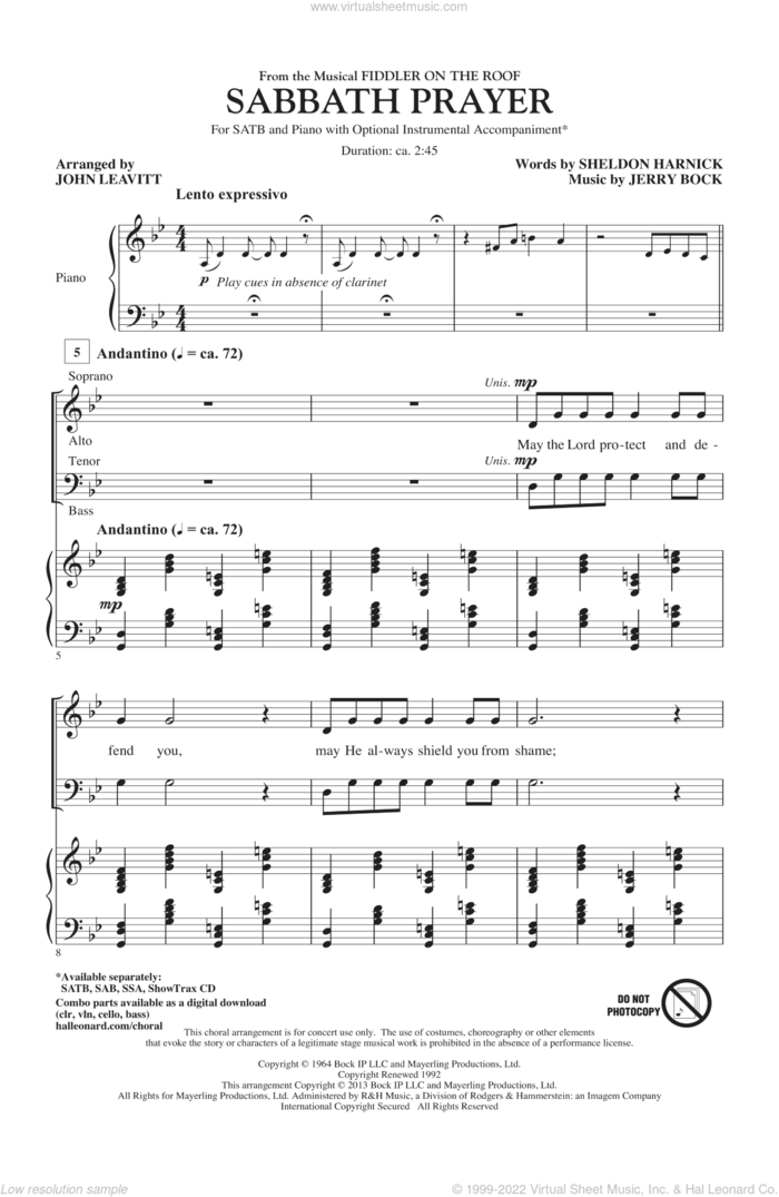 Sabbath Prayer (from Fiddler On The Roof) sheet music for choir (SATB: soprano, alto, tenor, bass) by John Leavitt and Fiddler On The Roof (Musical), intermediate skill level