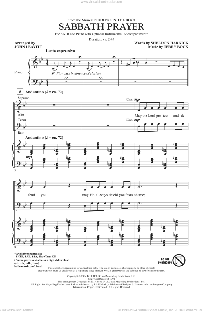 Sabbath Prayer (from Fiddler On The Roof) sheet music for choir (SATB: soprano, alto, tenor, bass) by John Leavitt and Fiddler On The Roof (Musical), intermediate skill level