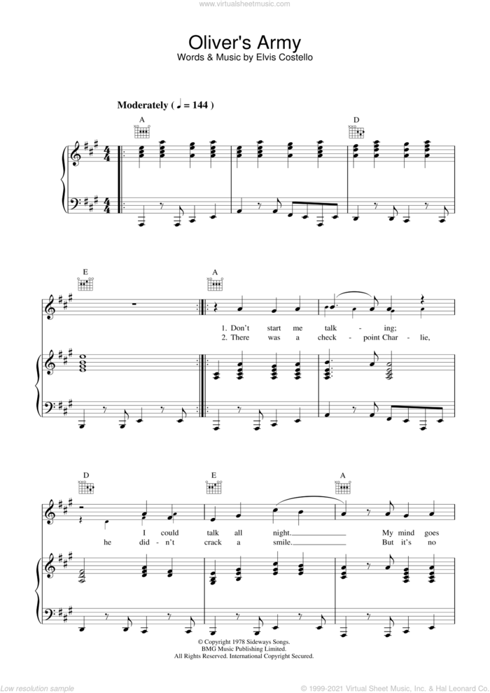 Oliver's Army sheet music for voice, piano or guitar by Elvis Costello, intermediate skill level