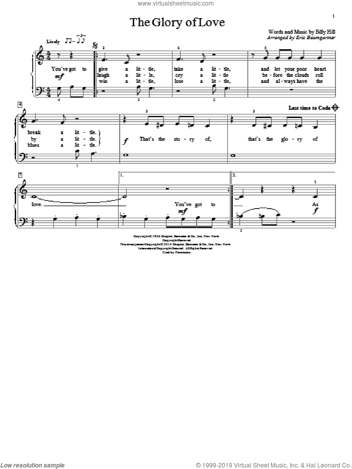The Glory Of Love sheet music for piano solo (elementary) by Count Basie, Eric Baumgartner, Jimmy Durante and The Platters, beginner piano (elementary)