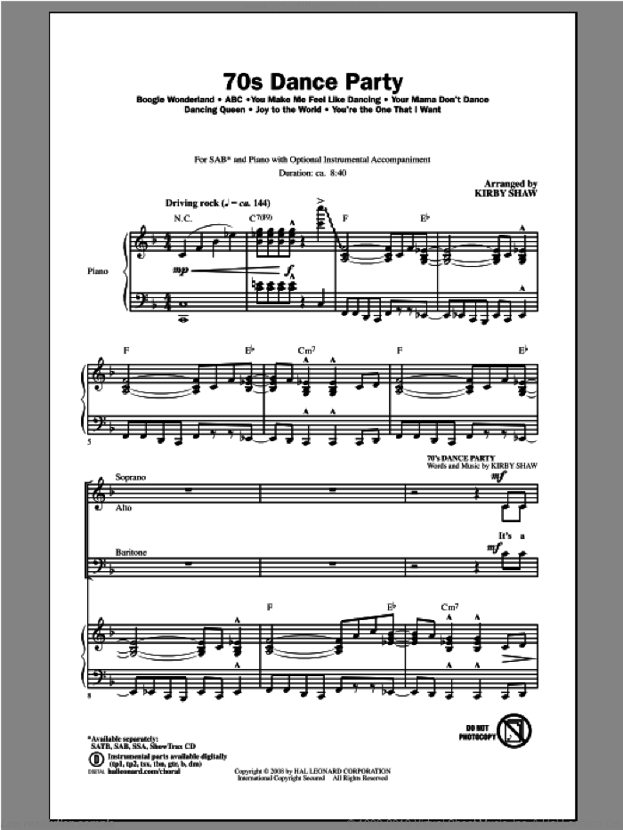 70s Dance Party (Medley) sheet music for choir (SAB: soprano, alto, bass) by Kirby Shaw, intermediate skill level