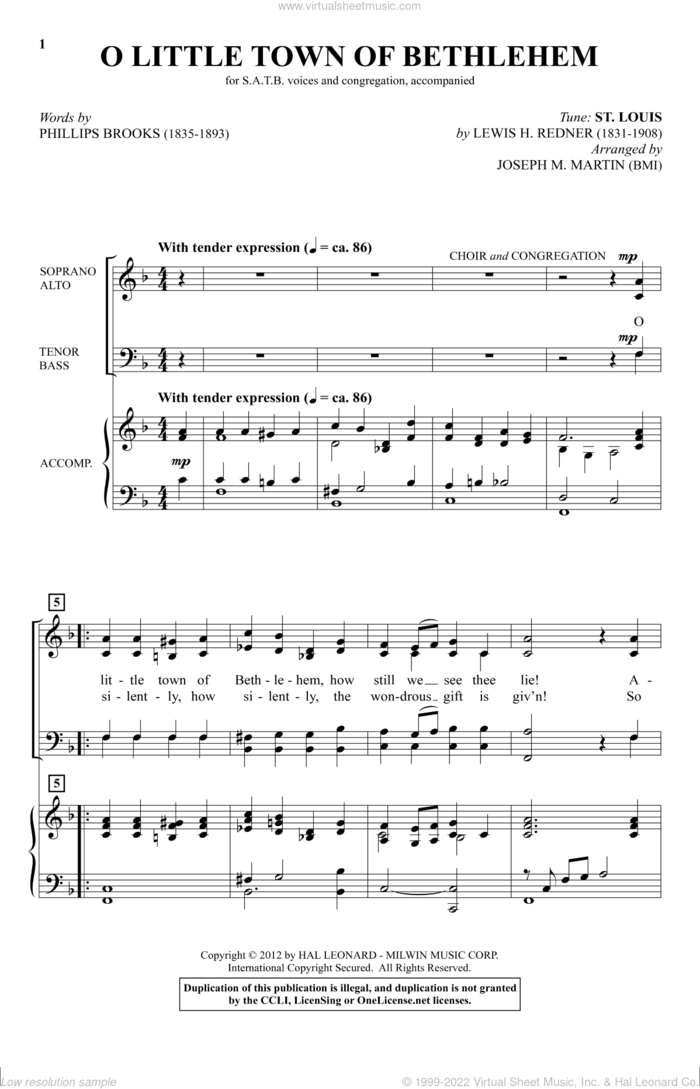 O Little Town Of Bethlehem (from Carols For Choir And Congregation) sheet music for choir (SATB: soprano, alto, tenor, bass) by Joseph M. Martin and Joseph  M. Martin, intermediate skill level