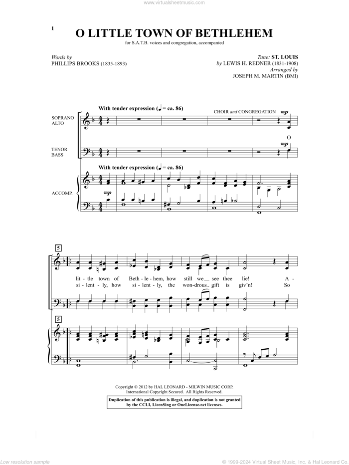 O Little Town Of Bethlehem (from Carols For Choir And Congregation) sheet music for choir (SATB: soprano, alto, tenor, bass) by Joseph M. Martin and Joseph  M. Martin, intermediate skill level