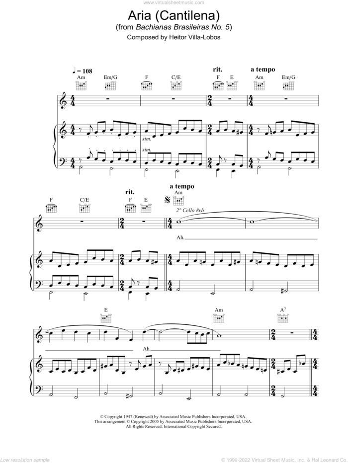 Aria (Cantilena) from Bachianas Brasileiras No. 5 sheet music for voice, piano or guitar by Hayley Westenra and Heitor Villa-Lobos, classical score, intermediate skill level