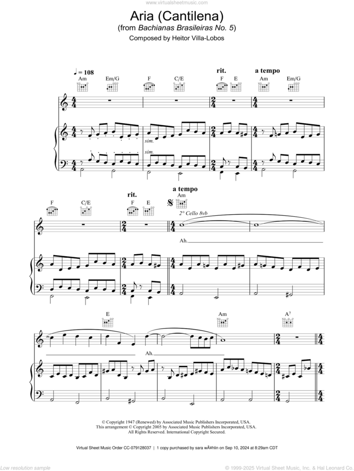 Aria (Cantilena) from Bachianas Brasileiras No. 5 sheet music for voice, piano or guitar by Hayley Westenra and Heitor Villa-Lobos, classical score, intermediate skill level