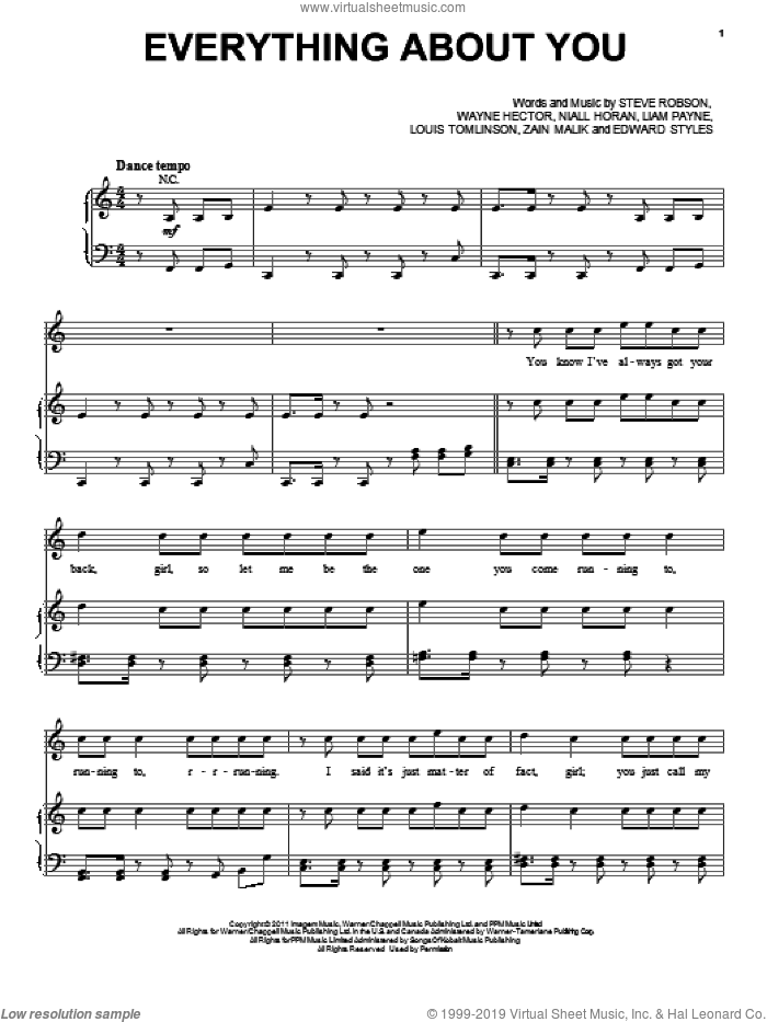 Everything About You sheet music for voice, piano or guitar by One Direction, intermediate skill level