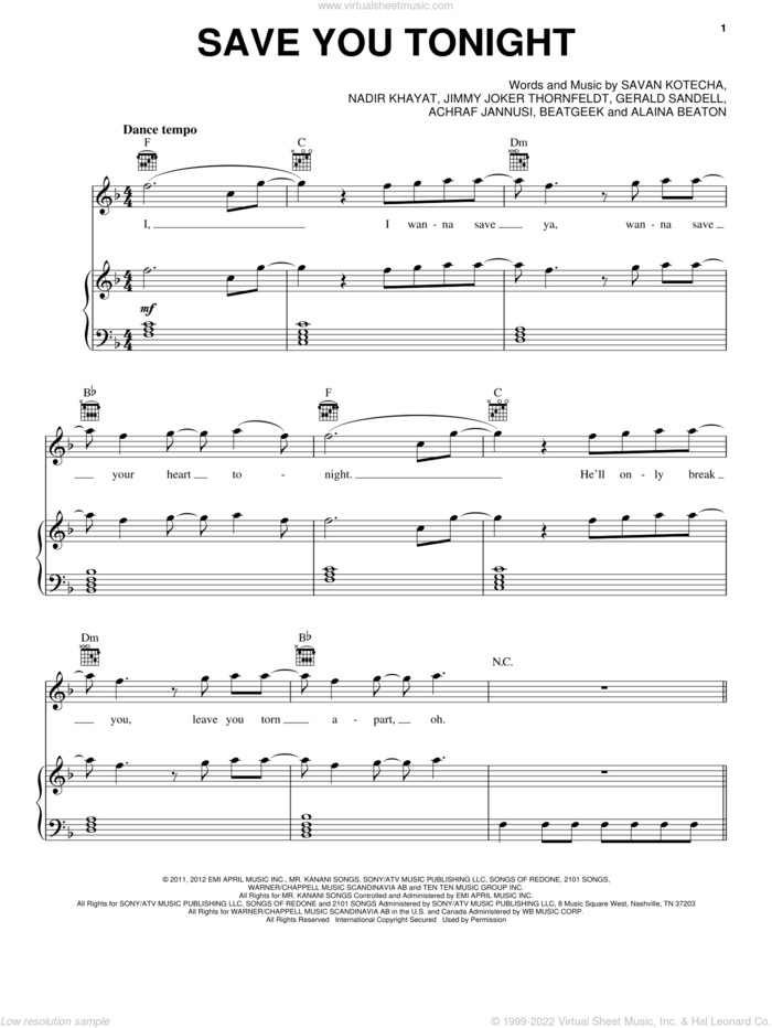 Save You Tonight sheet music for voice, piano or guitar by One Direction, intermediate skill level