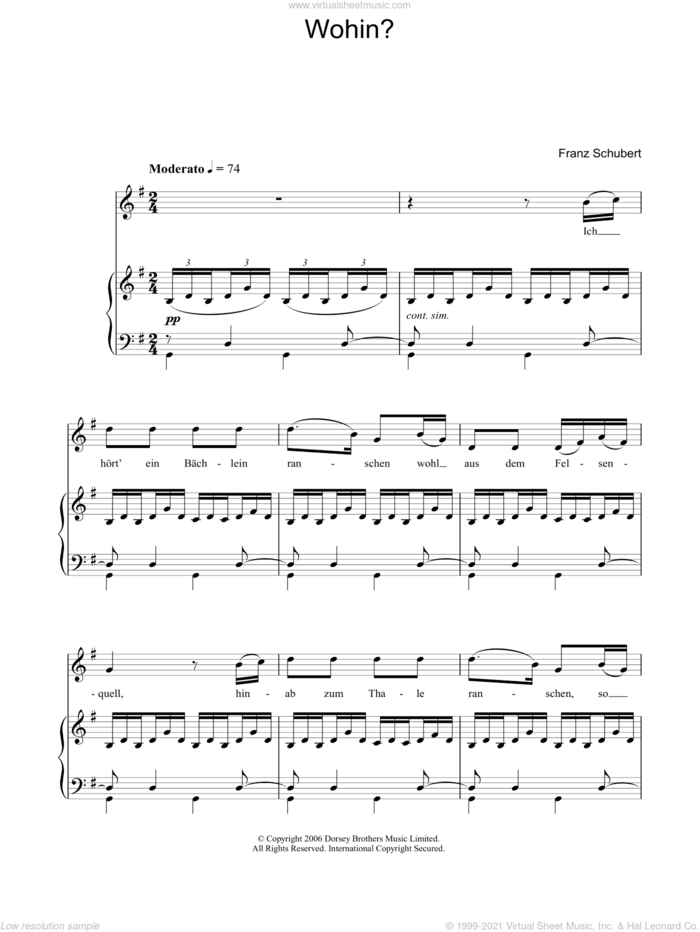 Wohin sheet music for voice, piano or guitar by Franz Schubert, classical score, intermediate skill level