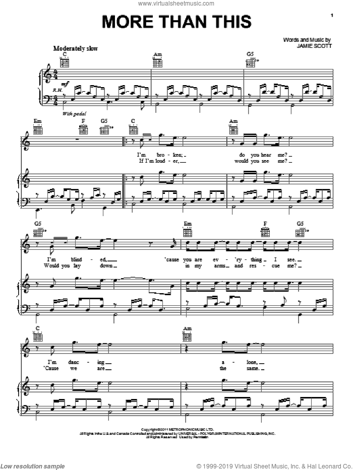 More Than This sheet music for voice, piano or guitar by One Direction, intermediate skill level