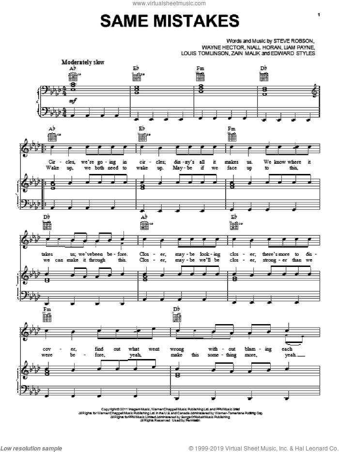 Same Mistakes sheet music for voice, piano or guitar by One Direction, intermediate skill level