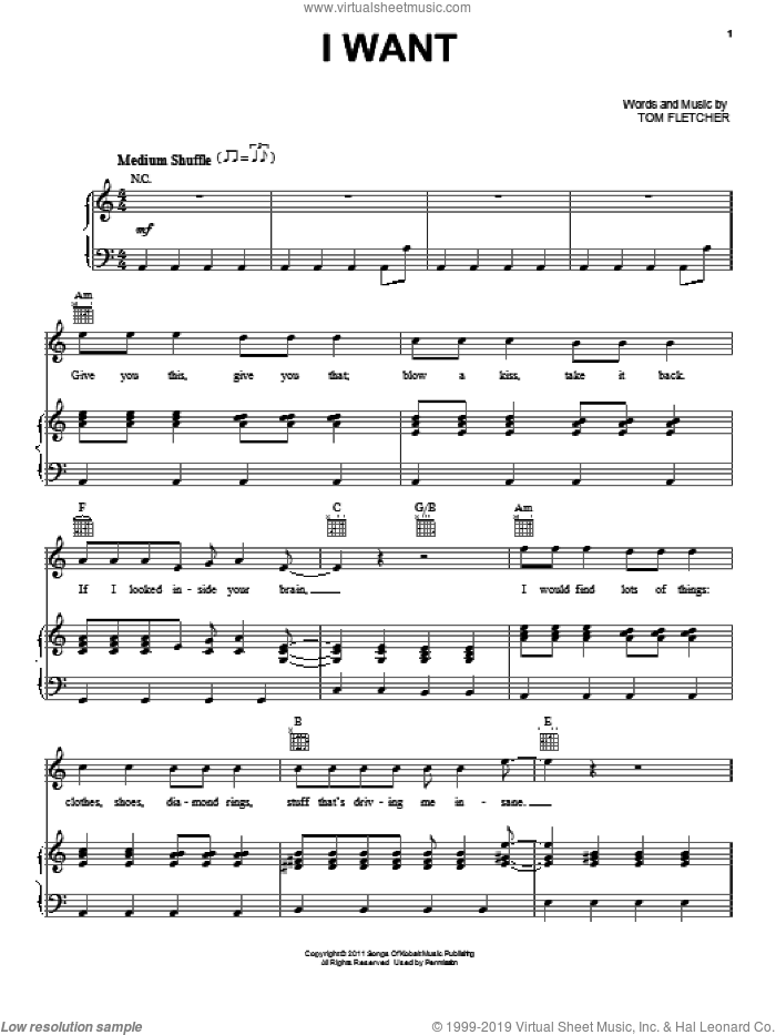 I Want sheet music for voice, piano or guitar by One Direction, intermediate skill level