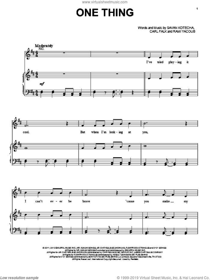 One Thing sheet music for voice, piano or guitar by One Direction, intermediate skill level