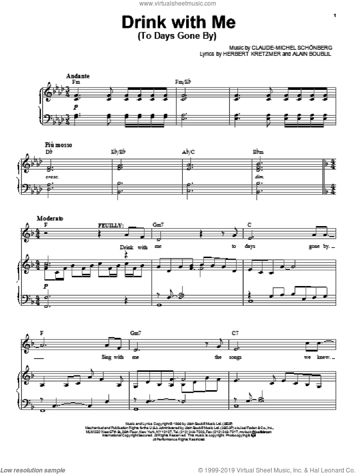 Drink With Me (To Days Gone By) sheet music for voice and piano by Claude-Michel Schonberg and Alain Boublil, intermediate skill level