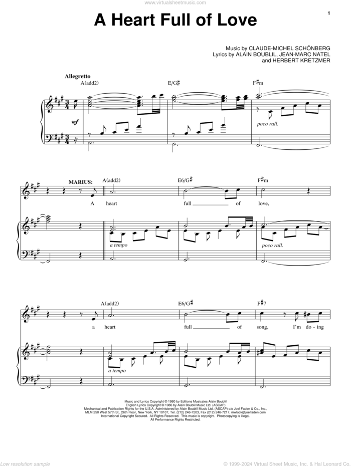 A Heart Full Of Love sheet music for voice and piano by Claude-Michel Schonberg and Alain Boublil, intermediate skill level