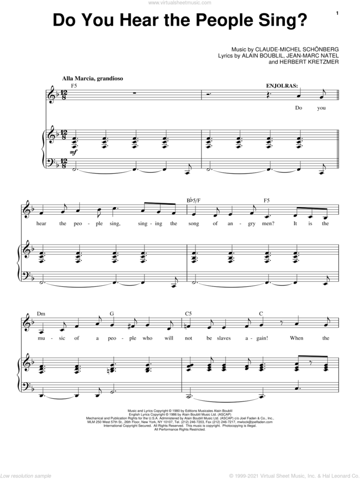 Do You Hear The People Sing? sheet music for voice and piano by Claude-Michel Schonberg and Alain Boublil, intermediate skill level