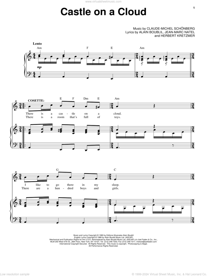 Castle On A Cloud sheet music for voice and piano by Claude-Michel Schonberg and Alain Boublil, intermediate skill level