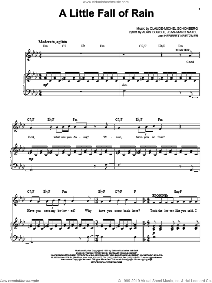 A Little Fall Of Rain sheet music for voice and piano by Claude-Michel Schonberg and Alain Boublil, intermediate skill level