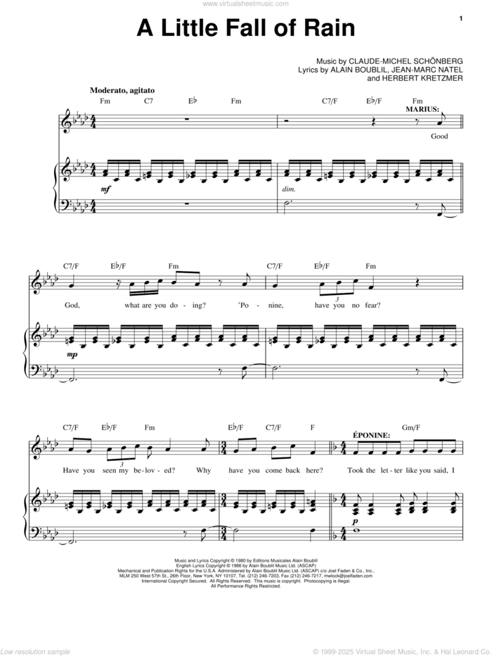 A Little Fall Of Rain sheet music for voice and piano by Claude-Michel Schonberg and Alain Boublil, intermediate skill level