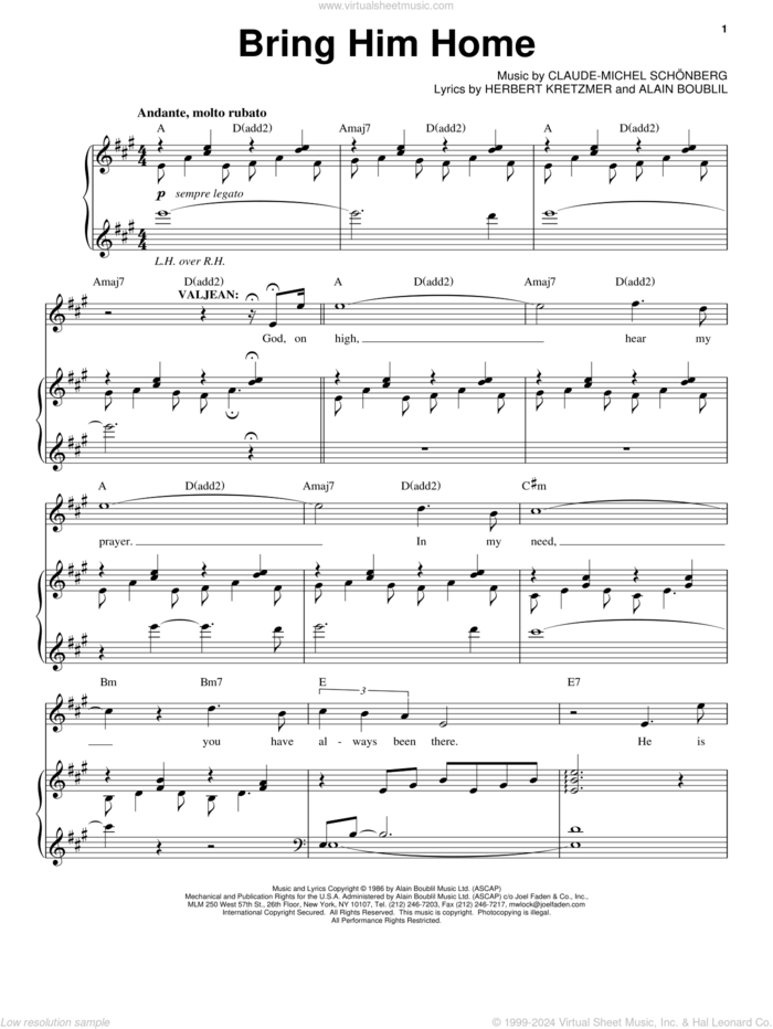 Bring Him Home (from Les Miserables) sheet music for voice and piano by Claude-Michel Schonberg and Alain Boublil, intermediate skill level