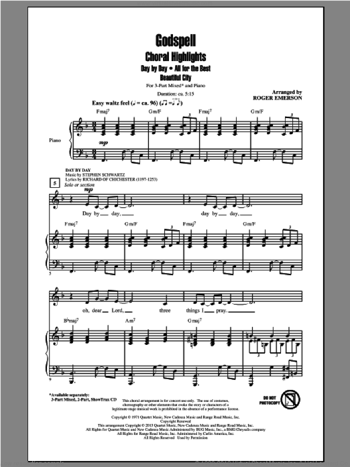 Godspell (Choral Highlights) sheet music for choir (3-Part Mixed) by Roger Emerson, Godspell (Musical) and Stephen Schwartz, intermediate skill level