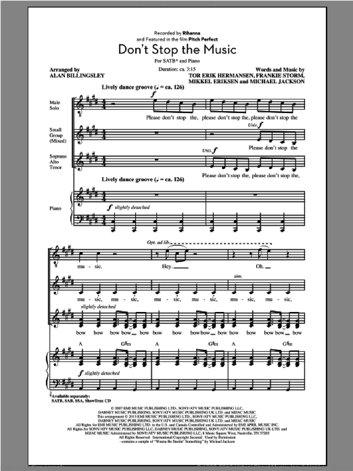 Don't Stop The Music sheet music for choir (SATB: soprano, alto, tenor, bass) by Alan Billingsley and Rihanna, intermediate skill level