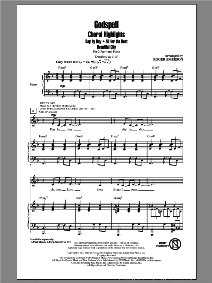 Godspell (Choral Highlights) sheet music for choir (2-Part) by Roger Emerson, Godspell (Musical) and Stephen Schwartz, intermediate duet