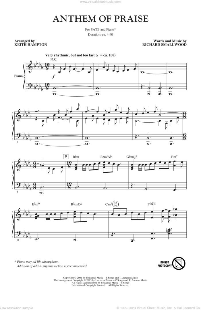 Anthem Of Praise sheet music for choir (SATB: soprano, alto, tenor, bass) by Richard Smallwood and Keith Hampton, intermediate skill level