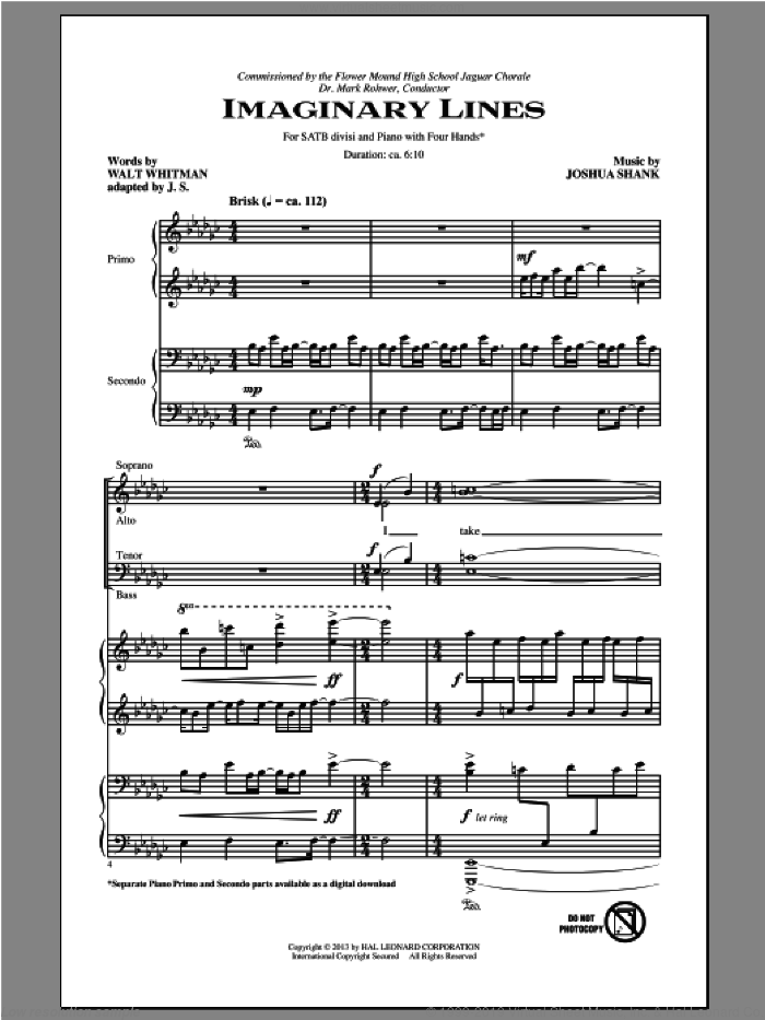 Imaginary Lines sheet music for choir (SATB: soprano, alto, tenor, bass) by Joshua Shank, intermediate skill level