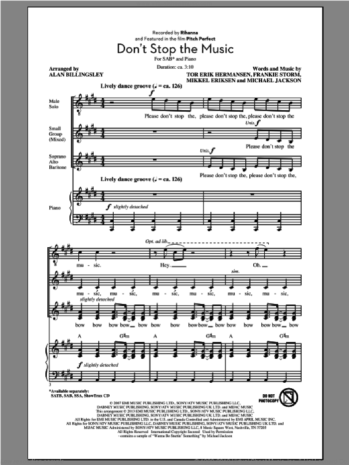 Don't Stop The Music sheet music for choir (SAB: soprano, alto, bass) by Alan Billingsley and Rihanna, intermediate skill level