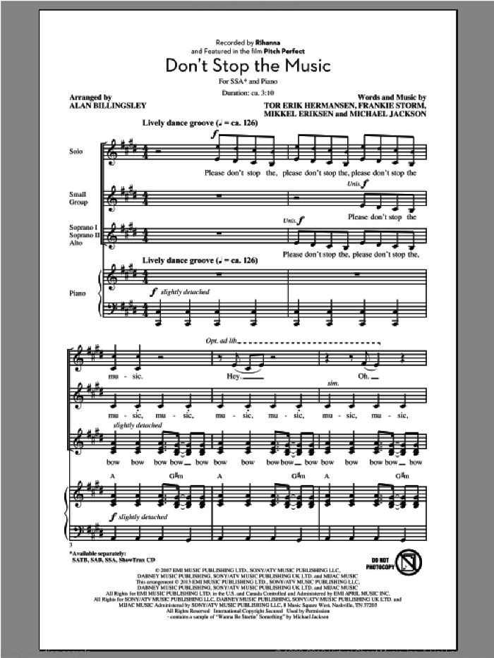 Don't Stop The Music sheet music for choir (SSA: soprano, alto) by Alan Billingsley and Rihanna, intermediate skill level