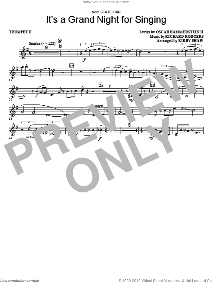 It's a Grand Night for Singing sheet music for orchestra/band (trumpet 2) by Kirby Shaw, Oscar II Hammerstein and Richard Rodgers, intermediate skill level