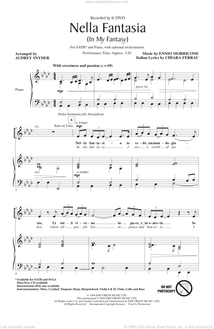Nella Fantasia (In My Fantasy) (arr. Audrey Snyder) sheet music for choir (SATB: soprano, alto, tenor, bass) by Ennio Morricone, Il Divo and Audrey Snyder, intermediate skill level