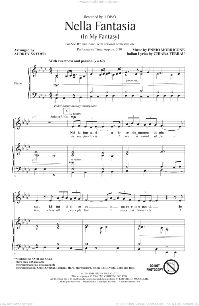 Nella Fantasia (In My Fantasy) (arr. Audrey Snyder) sheet music for choir (SATB: soprano, alto, tenor, bass) by Ennio Morricone, Il Divo and Audrey Snyder, intermediate skill level