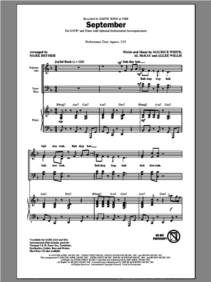 September (arr. Mark Brymer) sheet music for choir (SATB: soprano, alto, tenor, bass) by Mark Brymer, Al McKay, Allee Willis, Earth, Wind & Fire and Maurice White, intermediate skill level