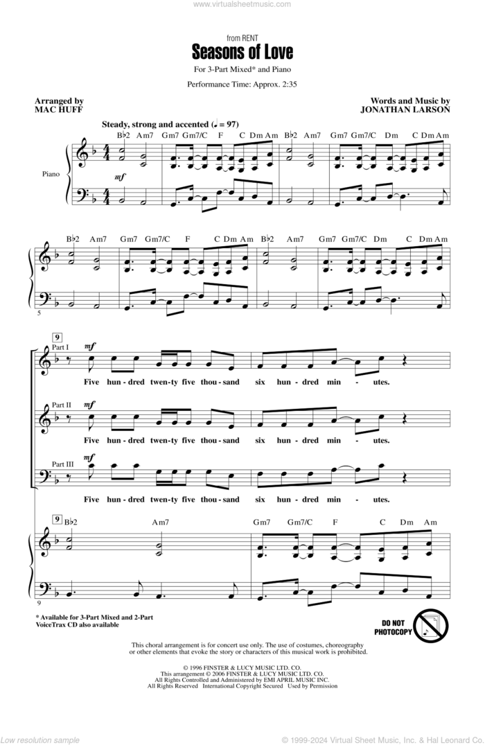 Seasons Of Love (from Rent) (arr. Mac Huff) sheet music for choir (3-Part Mixed) by Jonathan Larson, Mac Huff and Rent (Musical), intermediate skill level