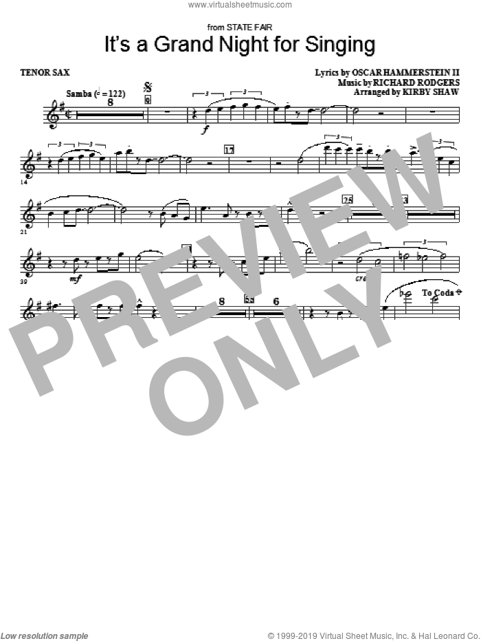 It's a Grand Night for Singing sheet music for orchestra/band (tenor sax) by Kirby Shaw, Oscar II Hammerstein and Richard Rodgers, intermediate skill level