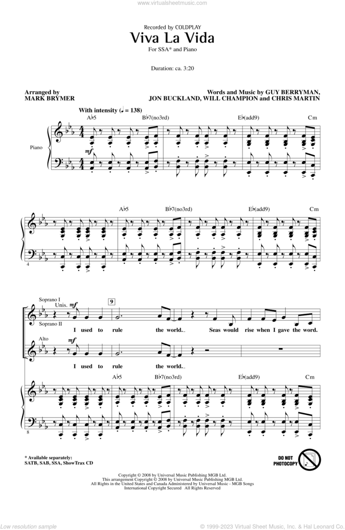 Viva La Vida sheet music for choir (SSA: soprano, alto) by Mark Brymer and Coldplay, intermediate skill level