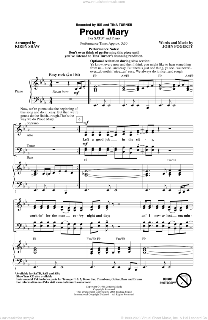 Proud Mary (arr. Kirby Shaw) sheet music for choir (SATB: soprano, alto, tenor, bass) by Kirby Shaw, Ike & Tina Turner, Creedence Clearwater Revival and Tina Turner, intermediate skill level