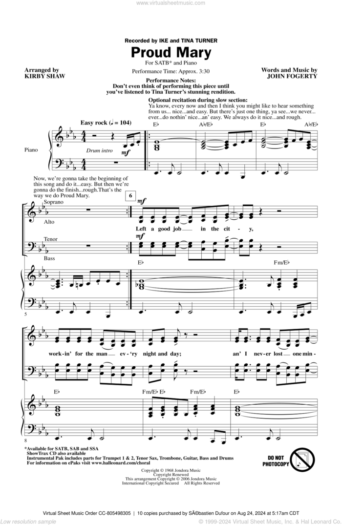 Proud Mary (arr. Kirby Shaw) sheet music for choir (SATB: soprano, alto, tenor, bass) by Kirby Shaw, Ike & Tina Turner, Creedence Clearwater Revival and Tina Turner, intermediate skill level